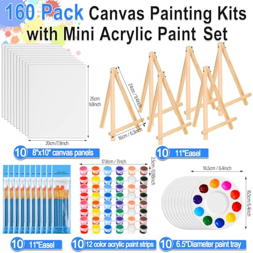 shynek 150pcs Painting Supplies Kit for Adults, 8 * 10In Canvas Boards with Easel Stand, 12 Colors Acrylic Paint Set, Artist Paint Brushes Set, Paint Trays, Sip and Paint Kit