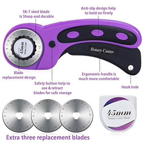 Rotary Cutter Set,Sewing Quilting Supplies,45mm Fabric Cutters,A3 Cutting Mat for Sewing,Acrylic Rulers,Scissors,Exacto Knife,Clips,Beginners Sewing Accessories,Fabric Cutter Kit