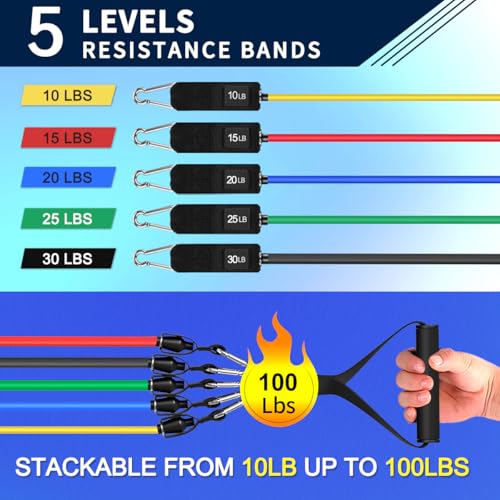 WHATAFIT Resistance Bands, 5 Level Exercise Bands with Handles for Workout - color: 10-100LB-Colorful