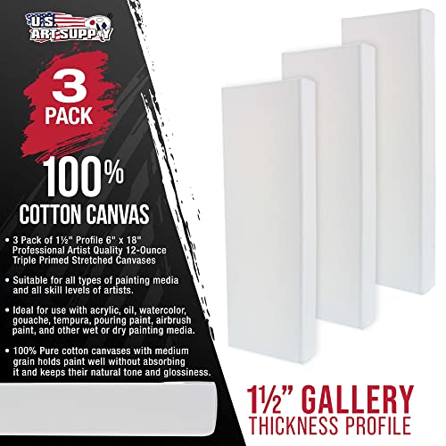 U.S. Art Supply Long Stretched Canvas for Painting 6x18 inch Gallery Depth 1-1/2" Thick, 3-Pack - 12oz Acrylic Gesso Triple Primed, Professional Artist Quality, 100% Cotton - Pouring, Oil Paint - size: 6" x 18"