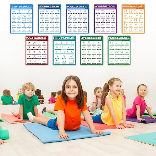 9Pcs Exercise Poster Set Workout Chart Posters Dumbbell Kettlebell Yoga Stretching Pilates Resistance Bands Stability Ball Body Weight Dumbbell Physical Educational Fitness Decoration for Home Gym