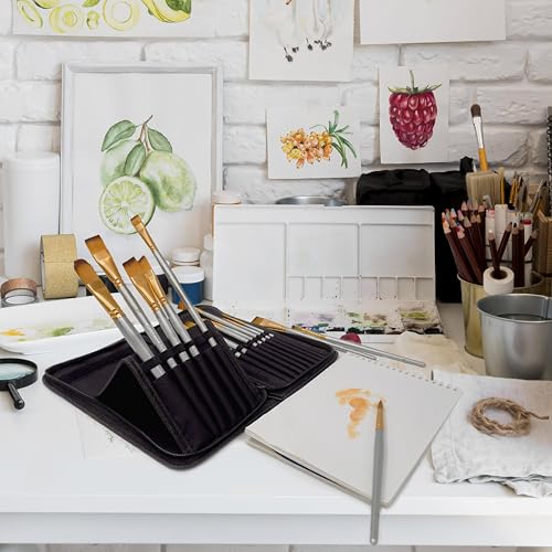 MyArtscape 15 Taklon Paint Brushes with Travel Holder - Short Handle | 15 Taklon paint brushes for acrylic watercolour oil gouache and face painting with travel holder and short handles