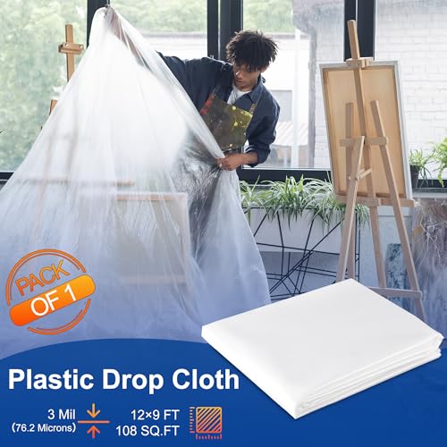 Plastic Drop Cloth, 3Mil Thick, Heavy-Duty, 9x12 Ft Painter's Sheet | Tear-Resistant,Waterproof, Reusable, Thickened, for Painting, Furniture, Walls, and Floor Protection - size: 3mil-1Pack