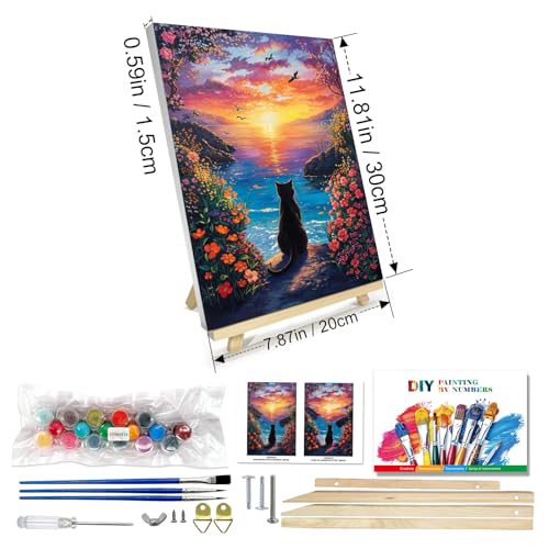 JOOZ Paint by Numbers Kit for Adults with Frame, Black Cat Paint by Number with Easel, DIY Seaside Sunset Flowers Paint by Numbers Landscape for Home Wall Decor 8 x 12 Inch - color: Black Cat/Seaside Sunset
