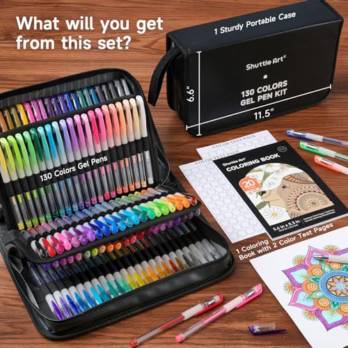 Shuttle Art Gel Pens, 130 Colors Gel Pen with 1 Coloring Book in Travel Case for Adults Coloring Books Drawing Crafts Scrapbooking Journaling - color: 130 Colors, style: Portable Case