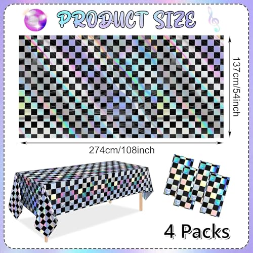 OQOQ Iridescent Checkered Tablecloth (4 Packs, Black&Sliver) - 54x108 Inches Iridescent Party Decorations Rectangular Disposable Plastic Table Cover for Graduation Birthday Disco Retro Race Party - color: Black Silver Checkered