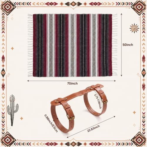 Mexican Indian Blanket Outdoor Mexican Throw Baja Saddle Blanket for Yoga, Beach, Camping, Picnic, Car Truck with Outdoor Portable and Genuine Leather Carry Strap