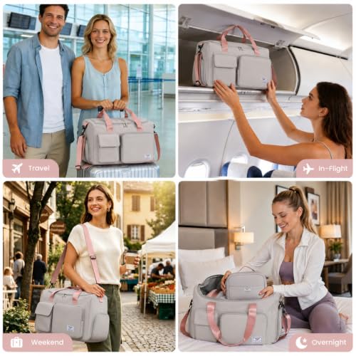 FIORETTO Women's Gym Duffle Bag with Shoes Compartment, 30L Capacity, Ideal for Travel, Gym, Sports, Duffel, Weekender - color: Grey & Pink, style: Gym Bag With Toiletry Bag