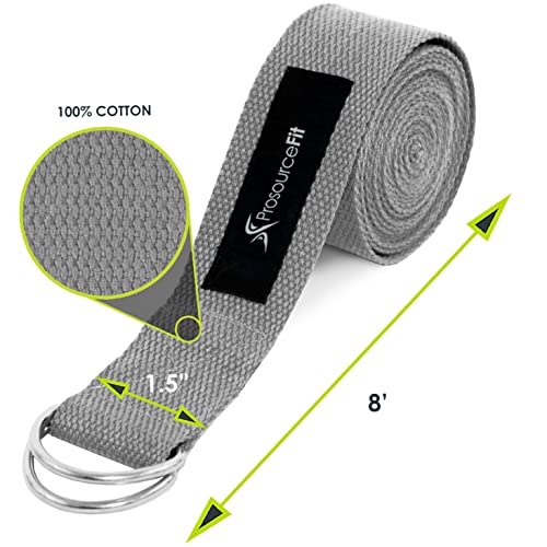 ProsourceFit Metal D-Ring Yoga Strap 8’ Durable Cotton for Stretching and Flexibility - color: Grey