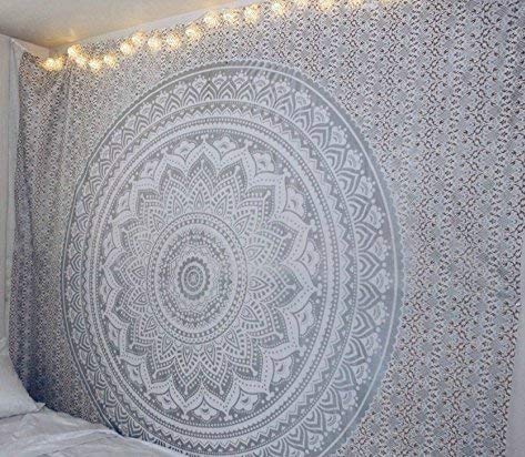 Popular Handicrafts Tapestry Wall Hanging Hippie Ombre Mandala Bohemian Hippy Metallic Shine Intricate Indian Tapestries Bedspread 84 x 90 Inches (215cm x 230cm) Silver and Gold - color: Silver and Gold, size: 90"L x 84"W