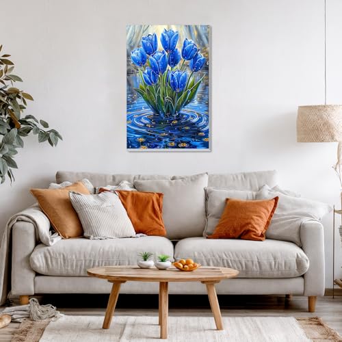 DOMROM Framed Paint by Numbers Kit for Adults, Blue Tulip Flower DIY Paint by Number Kits on Canvas, Easy Canvas Painting by Numbers for Home Wall Decoration Gift 8x12 Inch - color: OMQ069