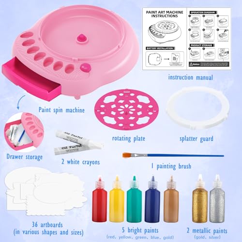 Spin Art Machine for Kids, Paint Spinner Arts & Crafts Gift Kit, Ages 4-12 | Includes machine, 36 artboards, 7 washable paints & splatter guard. Easy-clean, screen-free STEAM gift for girls & boys - color: Pink