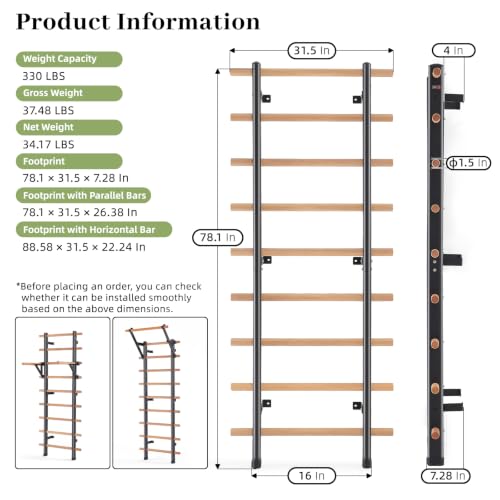 DHT Wood Stall Bar, Swedish Ladder Suspension Trainer with 9 Strategic Rods, for Home, Gym, School and Clinics, Black - color: WA2