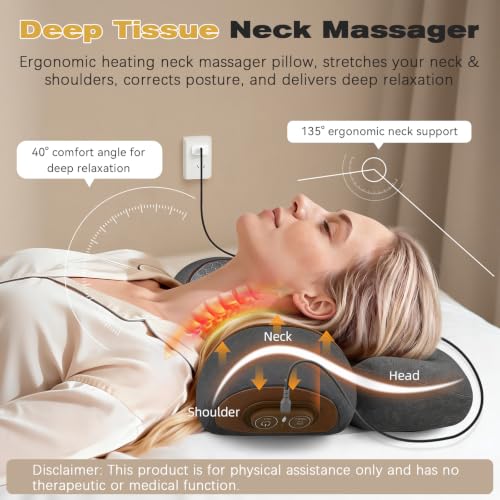 3-in-1 Neck Massager Pillow for Pain Relief, Neck Massager with Heat and Cervical Traction, Deep Tissue Massage Pillow for Shoulder & Back Comfort, Ergonomic Design for Men and Women (Deep Gray) - color: Deep Gray