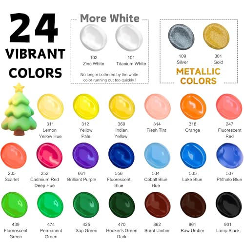 HUAL Acrylic Paint Set With 5 Brushes, 24 Colors (60ml, 2oz) for Artists Kids Beginners & Painters,Model/Canvas/Rock/Fabric/Glass/Stone/Ceramic/Wood Painting, Non Toxic - color: Black Bottle