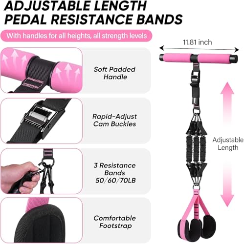 Adjustable Length Pedal Resistance Band with Handle for Working Out, Replaceable 180Lbs Exercise Bands with Foot Pedals, Home Gym Workout Equipment for Women Men Strength Training, Stretching - color: pink