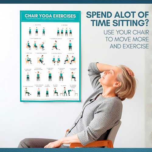 Chair Yoga Exercise Poster for Beginners & Seniors A3 | Double Sided Seated Yoga Chart with Instructions | Laminated Gentle Chair Exercises for Mobility & Flexibility