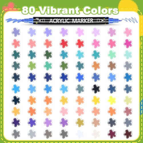 80 Colors Dual Tip Acrylic Paint Markers, Fine Tip and Dot Tip Paint Pens for Rock Painting, Acrylic Paint Markers for Wood, Glass, Ceramic, Fabric, Metal, Plastic, Paper, Canvas, DIY Art Supplies - color: 80 Colors- Brush & Dot