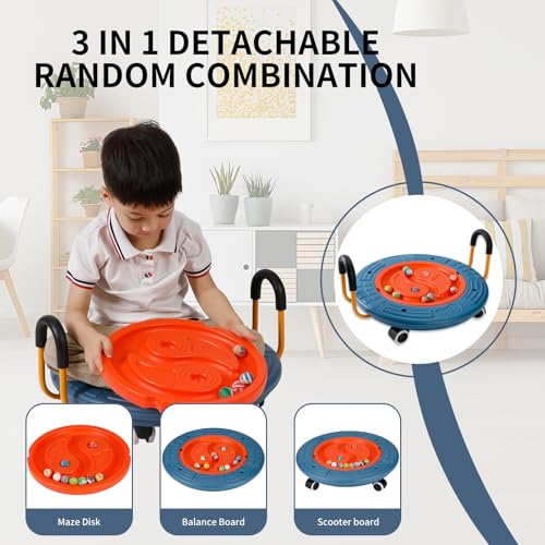 3-In-1 Balance Scooter Board for Kids,Plastic Wobble Balance Board Rocker Maze with Handles, 5 Balls, Toddler Floor Scooter Boards for Sensory Training, Physical Therapy - color: Blue