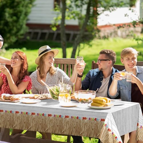 Kochorie 2 Pack Hawaii Luau Grass Tablecloth 54 x 108 Inches Waterproof Plastic Hawaiian Brown Grass Table Skirt with Raffia Libiscus Flowers Table Cover for Summer Tropical Party Decorations - style: Hawaii Luau Grass