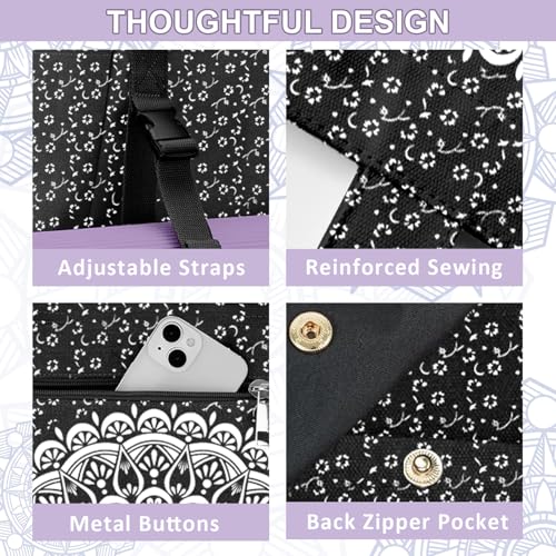 Yoga Bag for Women, Large Canvas Yoga Mat Tote Bag with Yoga Mat Carrier | Large Mat Pocket Fitness Tote for Pilates, Gym, Travel, Office & Beach - color: Black Flower Mandala