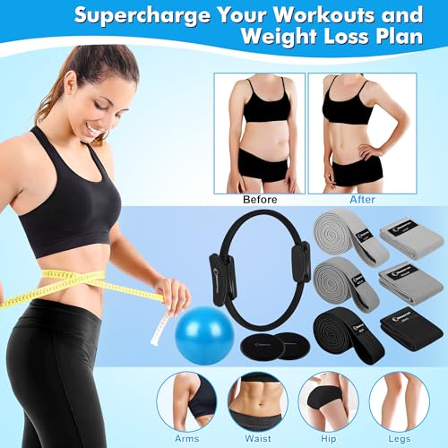 Goocrun Pilates Ring Set Exercise Equipment, with Exercise Resistance Bands Set, Pilates Ball, Sliding Disks. Portable Home Gym - with Fitness Guide Poster - color: Black, size: Mid-level