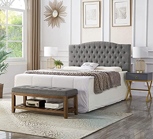 24KF Large Rectangular Upholstered Tufted Linen Fabric Ottoman Bench, Padded Bench with Solid Wood Shelf-Granite - color: Granite-bench, size: 15.8"D x 44"W x 18"H