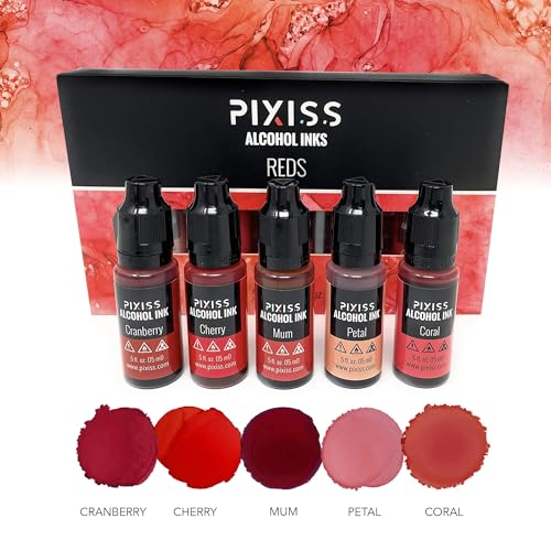 Pixiss Red Alcohol Ink Set - 5 Shades of Highly Saturated Alcohol Ink for Epoxy Resin Supplies, Yupo Paper, Tumblers, Coasters - Resin Colorant for Epoxy Resin and Resin Art Supplies - color: Reds