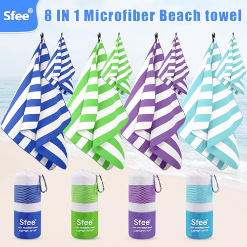 Sfee 4 Pack(8Pcs) Microfiber Travel Towel, Beach Towel Quick Dry Towel Camping Towel Super Absorbent Compact Lightweight Sports Towel Gym Towel for Beach, Gym, Hiking, Pool, Backpacking, Bath, Yoga - color: Dark Blue+green+mint+purple, size: L 60"x30"+24"