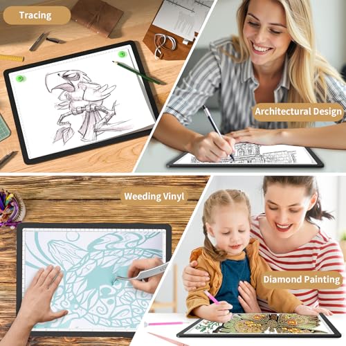 YINGWOND 9000LUX A4 Rechargeable Tracing Light Box with Padded Case,Wireless Diamond Art Light Board,Side Physical Buttons and Magnetic Portable Light Pad for Diamond Painting,Drawing,Sketching - style: Rechargeable A4 Black with Bag