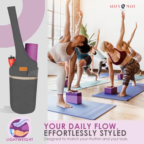 ALLEN & MATE 100% Cotton Canvas Yoga Mat Bag, Fits Mats up to 72 In Long and 7.5 In Thick, Wide Shoulder Strap, Zip Pocket, Blue Stripe - color: Grey