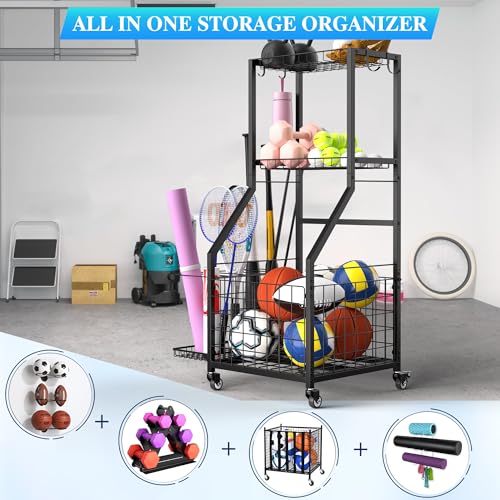 Sports Equipment Garage Organizer,Garage Ball Storage Rack for Sports with Wheels-Upgraded 3 Layers Sports Organizer Rack Outdoor Basketball Racks for Balls with Holder and Hooks - color: Black