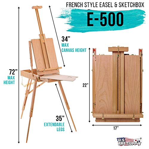 U.S. Art Supply Large Beechwood French Easel, Adjustable Plein Air Easels | Sketchbox Tripod for Field & Studio Painting Easel for Adults, Drawing, Display - Portable with Artist Drawer & Palette - style: Easel