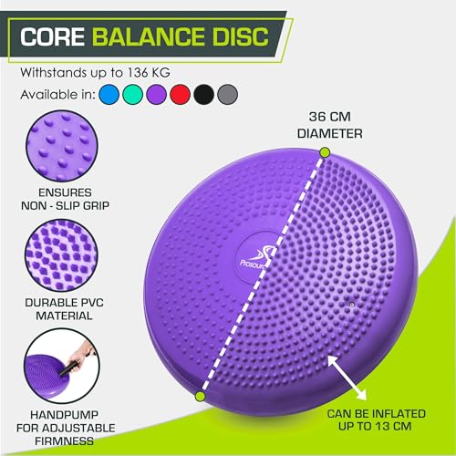 ProsourceFit Core Balance Disc Trainer, 14” Diameter with Pump for Improving Posture, Fitness, Stability - color: Purple