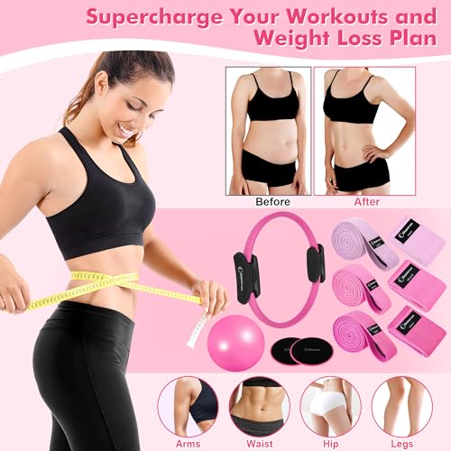 Goocrun Pilates Ring Set Exercise Equipment, with Exercise Resistance Bands Set, Pilates Ball, Sliding Disks. Portable Home Gym - with Fitness Guide Poster - color: Pink, size: Mid-level