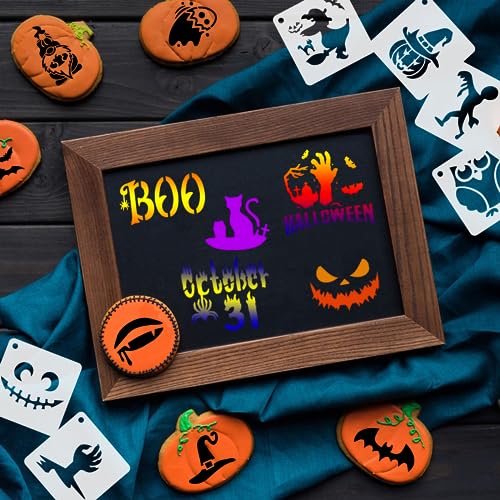 Augshy 56 Pack Small Halloween Pumpkin Stencils for Painting Crafts | Plastic, Reusable, Wood Ornaments, Fabrics, Door Mats, Window Decoration, DIY Crafts, 3 Inch - style: Halloween