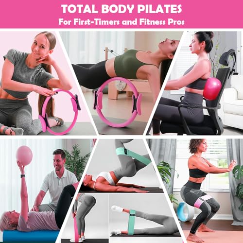 Pilates Ring Set with 14-Inch Magic Circle, Exercise Ball & 6 Resistance Bands - Complete Home Workout Equipment for Core Strength, Toning and Flexibility - Ideal Fitness Gift for Women and Men