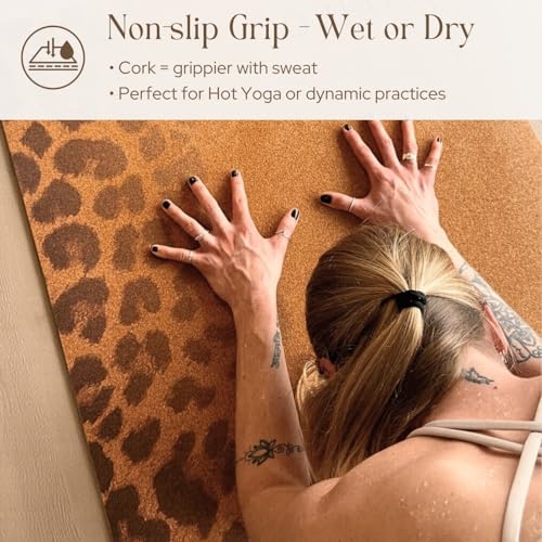 Designer Cork Yoga Mat – Signature Aesthetics on Quality Portuguese Cork with 5mm Solid Tree Rubber Base for Lasting Stability – Non Slip Grip, Odor Free and Non Toxic - color: Leopard Fade