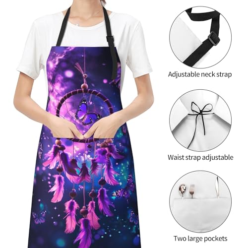Artist Painting Apron with 2 Pockets Painters Art Aprons Gifts for Women Men - color: Purple Dream Catcher With Butterflies