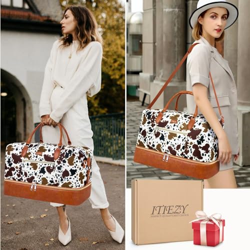 ITIEZY Weekender Bag for Women 21.5" Travel Duffel Large Carry On Bag 3PCS | Nylon Duffel Bag with Waterproof Shoe Compartment, Crossbody Bag and Toiletry Bag, Travel Weekend Hospital Overnight Gym Bag - color: 5-Brown Cow