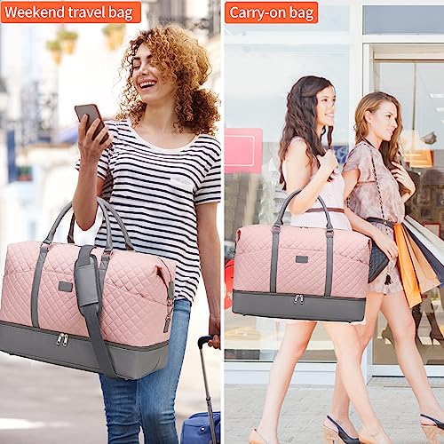 Weekender Bag, Large Travel Duffel Bag for Women, Carry on Overnight Bag with Shoe Compartment and Toiletry Bags - color: A-Pink
