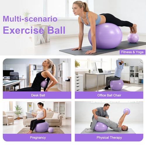 4Pcs Yoga Ball Set includes Large and 9in Pilates Balls, Massage & Spiky Ball for Fitness ,Anti-Burst Exercise Ball with Pumb for Pregnancy,Physical Therapy,Office Chair, Home Workout,3Sizes,3Colors - color: Purple, size: M(19-22inch/48-55cm)