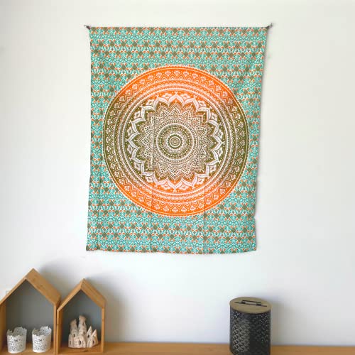 Popular Handicrafts Tapestry Wall Hanging Hippie Ombre Mandala Bohemian Hippy Psychedelic Design Indian Tapestries Bedspread 30 x 40 Inches (76 x 101 cms), Blue - color: Orange Teal Green, size: 40"L x 30"W
