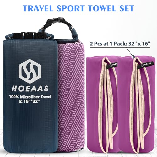 HOEAAS 2 Pack Microfiber Camping Towels, Quick Dry Towel, Super Absorbent Ultra Compact Travel Towel Soft Lightweight Sports Towel for Sweat Fast Drying Towels for Pool,Gym,Hiking,Backpacking,Fitness - color: Purple, size: S: 32" x 16"+32" x 16"