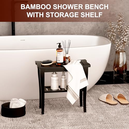 Bamboo Shower Bench Stool with Storage Shelf, Waterproof Shower Chair Spa Bath Seat, Shower Stool for Inside, Bathroom Bench Seat for Adults Elderly Seniors for Indoor or Outdoor Use(Black) - color: Black