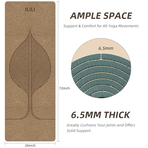 ILILI Cork Yoga Mat Eco-Friendly 1/4 Inch Thick | 72"×26" Natural Cork TPE Exercise Mat, 2 lbs Lightweight Non Slip Mat for Hot Yoga and Gym Workout, Carry Strap - color: Cork+Dark Green