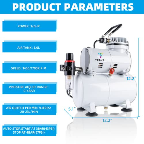 Airbrush Compressor Kit, 3 Airbrushes for Hobby Painting | 1/6HP compressor with 3L tank & 3 airbrushes delivers stable airflow for model painting, crafts, DIY projects and artwork