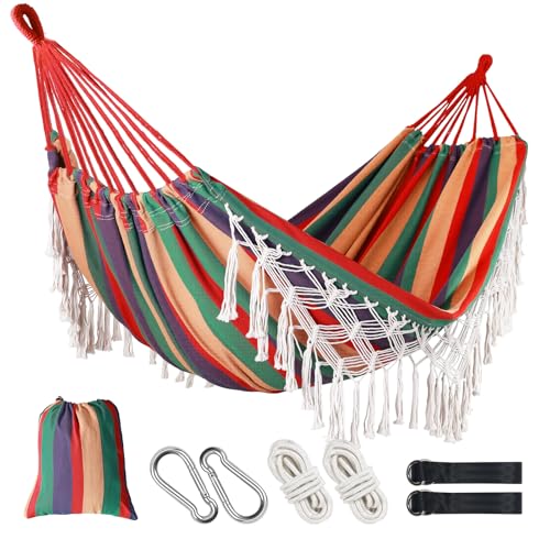 Posprica Brazilian Style Double Hammock with Fringe, 2 Person Patio Hammock for Backyard & Indoor Relaxation, Soft Breathable Fabric, Easy Setup with Straps & Carry Bag, 360 lbs Capacity - color: Red Stripe