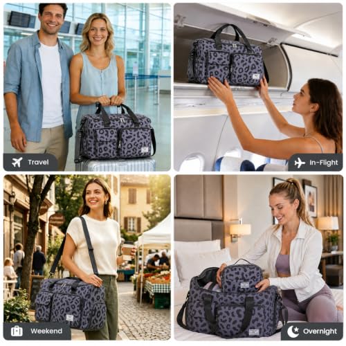 FIORETTO Women's Gym Duffle Bag with Shoes Compartment, 30L Capacity, Ideal for Travel, Gym, Sports, Duffel, Weekender - color: Leopard Grey, style: Gym Bag With Toiletry Bag