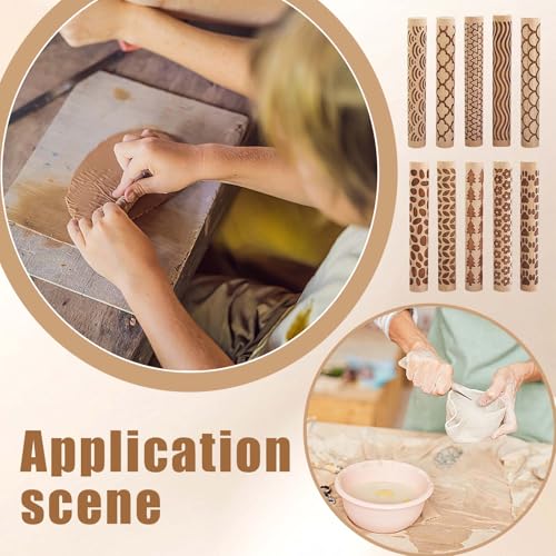 10 PCS Wooden Clay Texture Rollers Set, 100mm Pottery Pattern Rolling Pins with 10 Unique Designs, Ceramic and Polymer Clay Stamp Roller Tools for Studio Craft, Sculpting & Handmade Art Projects(A+B) - color: A+B